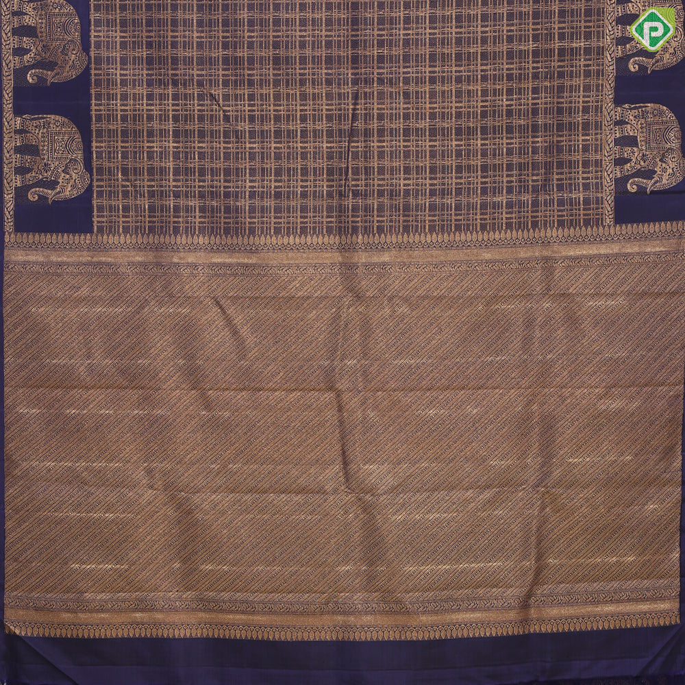 Blue With Gold Zari Checkered Design Self Colour Elephant big butta border Temple Inspired Silk Saree