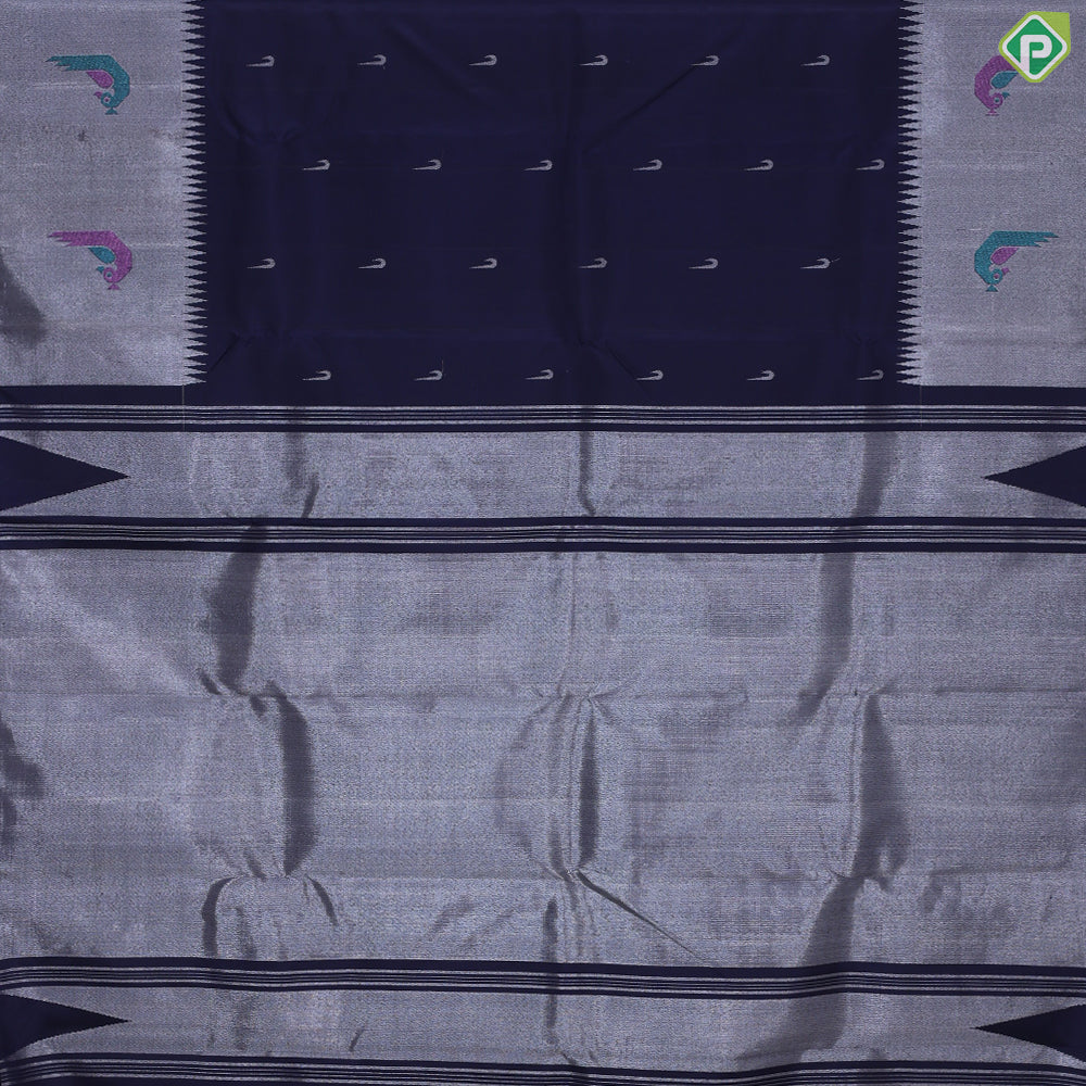 Indigo Blue With Silver Zari Butta and Border colourful Meena work butta trendy designer silk saree