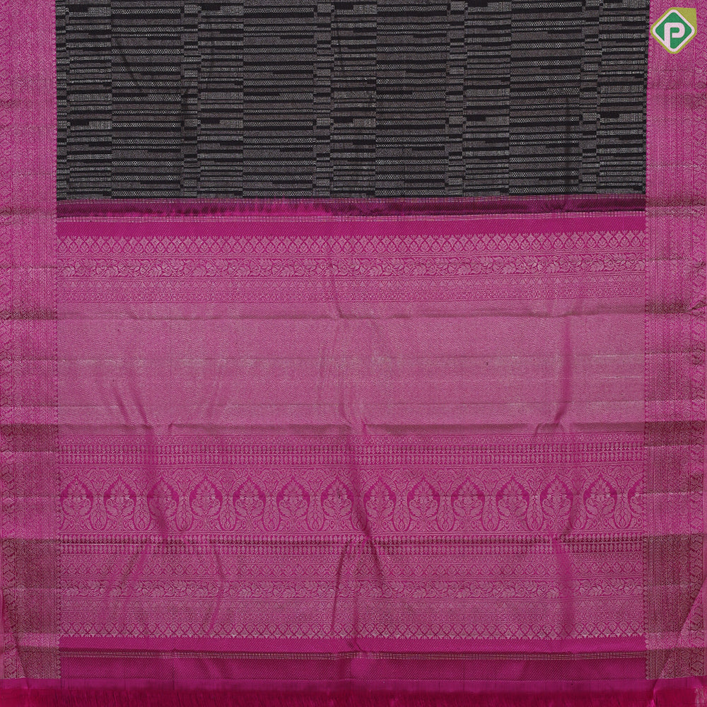 Walnut brown silver zari geometric lines design contrast rose pink border trendy designer silk saree