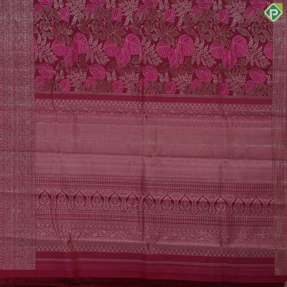 Beetroot pink silver zari tropical effect design self colour multi lines border trendy designer silk saree
