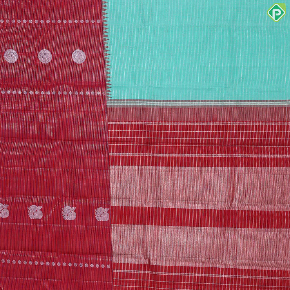 Light green with silver zari (kattam) checkered contrast red with pink lines high border trendy designer silk saree
