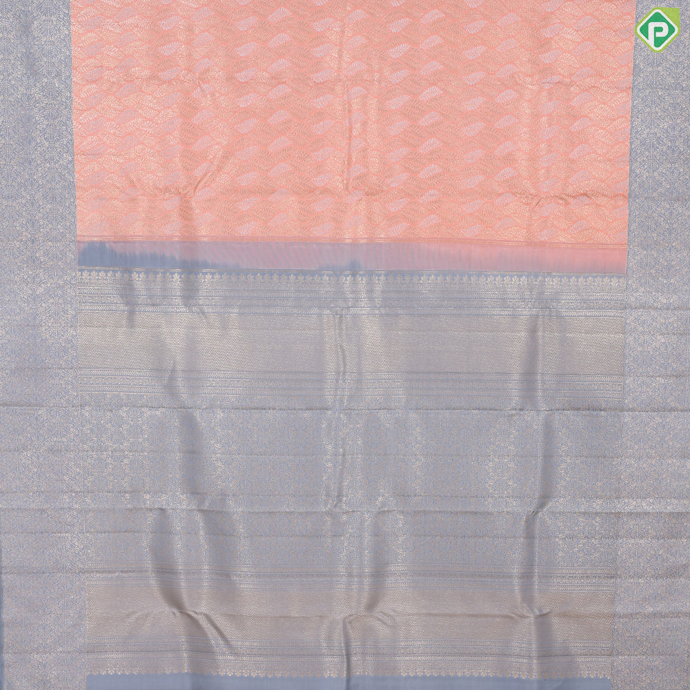 Peach silver and silver gold zari leaf design iron grey border trendy designer silk saree