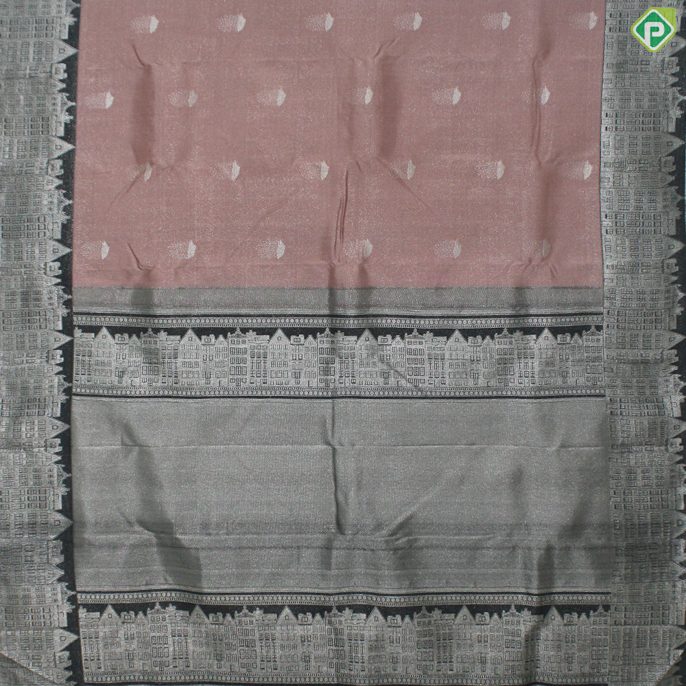 Onion Pink Silver Zari Rain Cloud And Amsterdam Building Inspired Trendy Designer Silk Saree