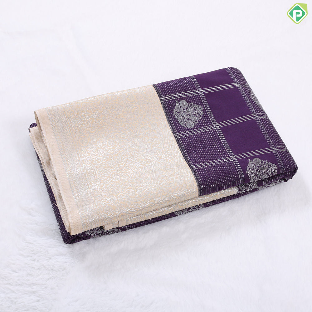 Forest green silver zari checks and Butta design contrast beige border art silk gift saree