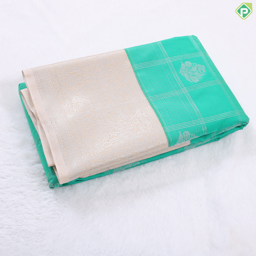 Forest green silver zari checks and Butta design contrast beige border art silk gift saree