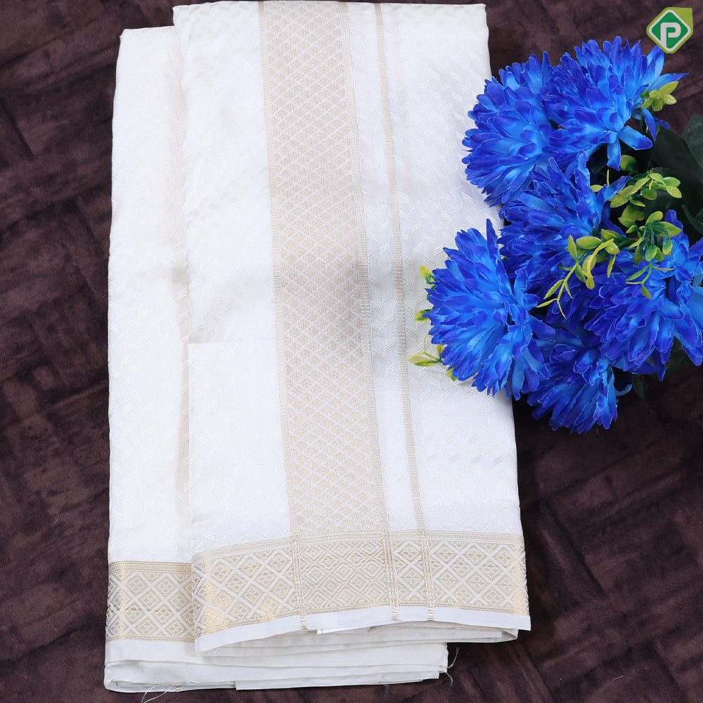 Cream White Embossed design Self Gold Zari Diamond Border 3 in 1 120 KuligaiDhoti Vesti Set