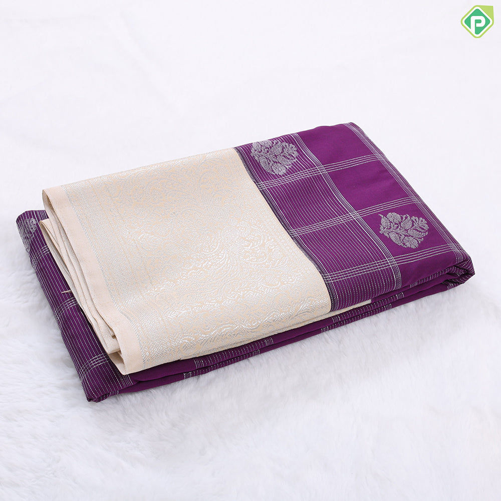 Forest green silver zari checks and Butta design contrast beige border art silk gift saree