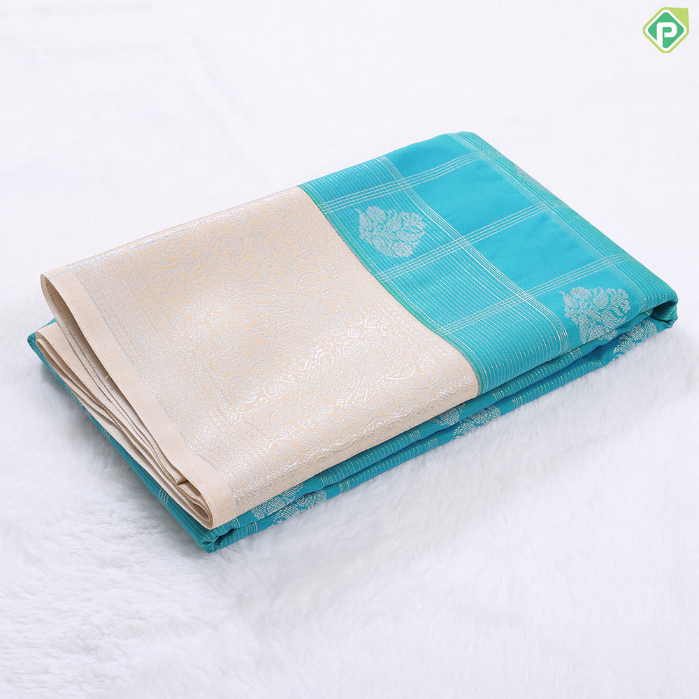 Forest green silver zari checks and Butta design contrast beige border art silk gift saree