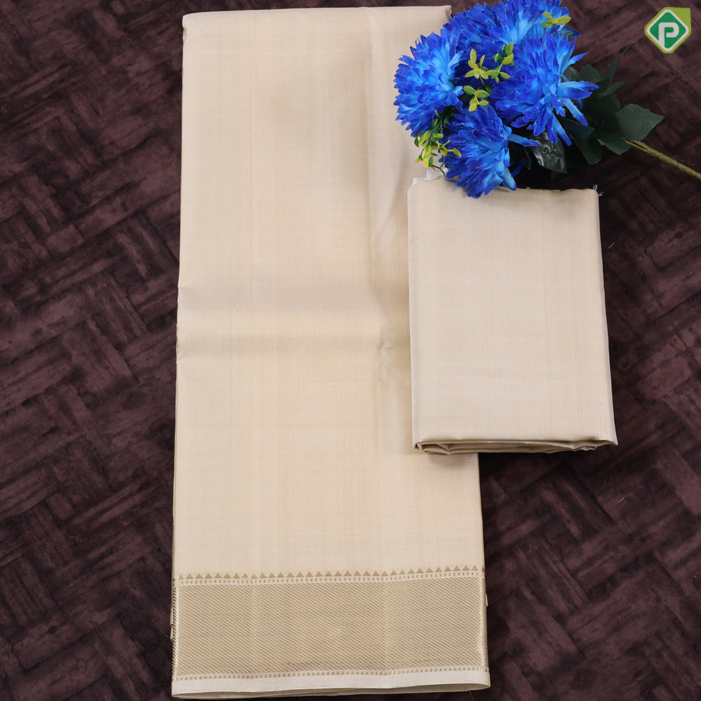Sandal Plain Self gold zari border Exclusive 3 in 1 Pure Silk 8*4 dhoti Vesti Set