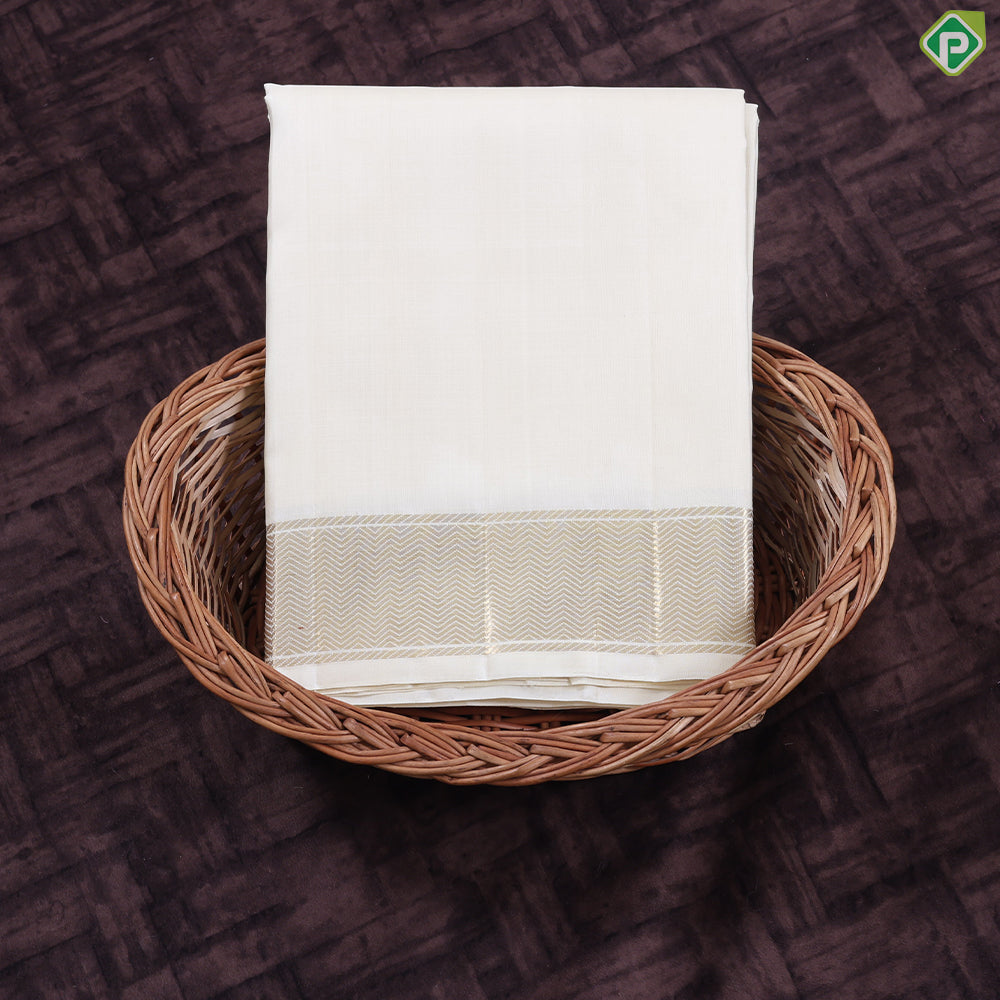Cream White Plain Self gold zari border Exclusive 3 in 1 Pure Silk 8*4 dhoti Vesti Set