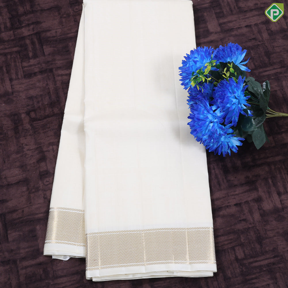 Cream White Plain Self gold zari border Exclusive 3 in 1 Pure Silk 8*4 dhoti Vesti Set