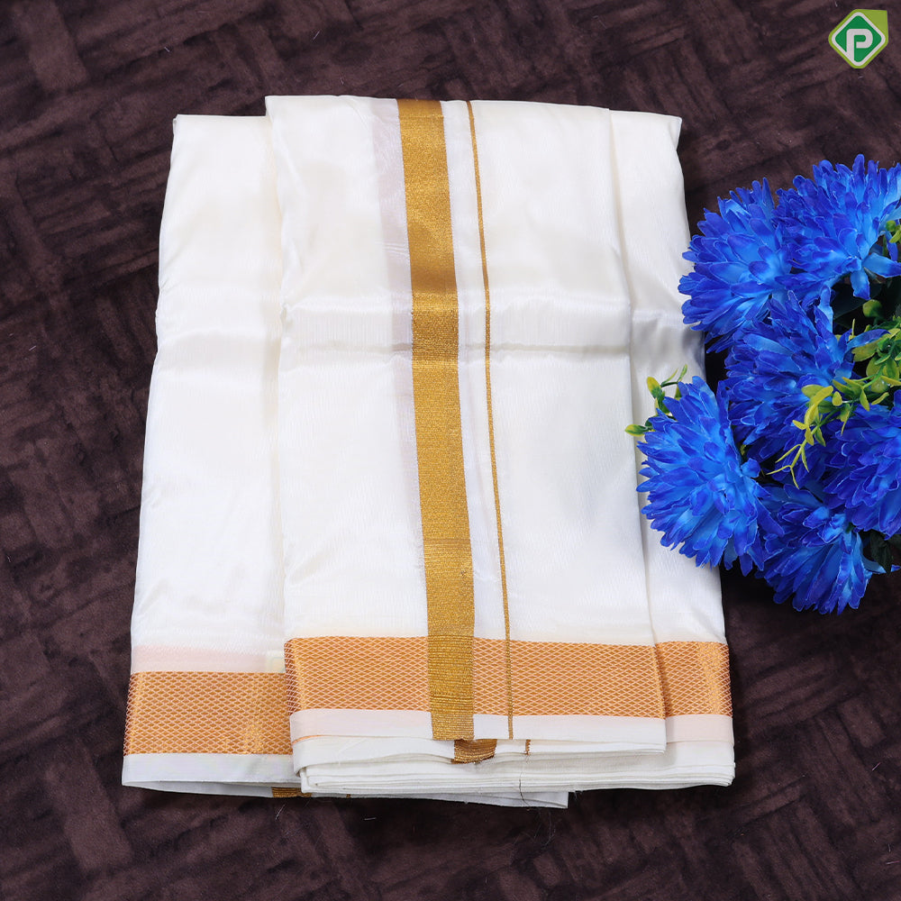 Cream White Gold Zari Border 80Kuligai Asha Silk 9*5 Dhoti