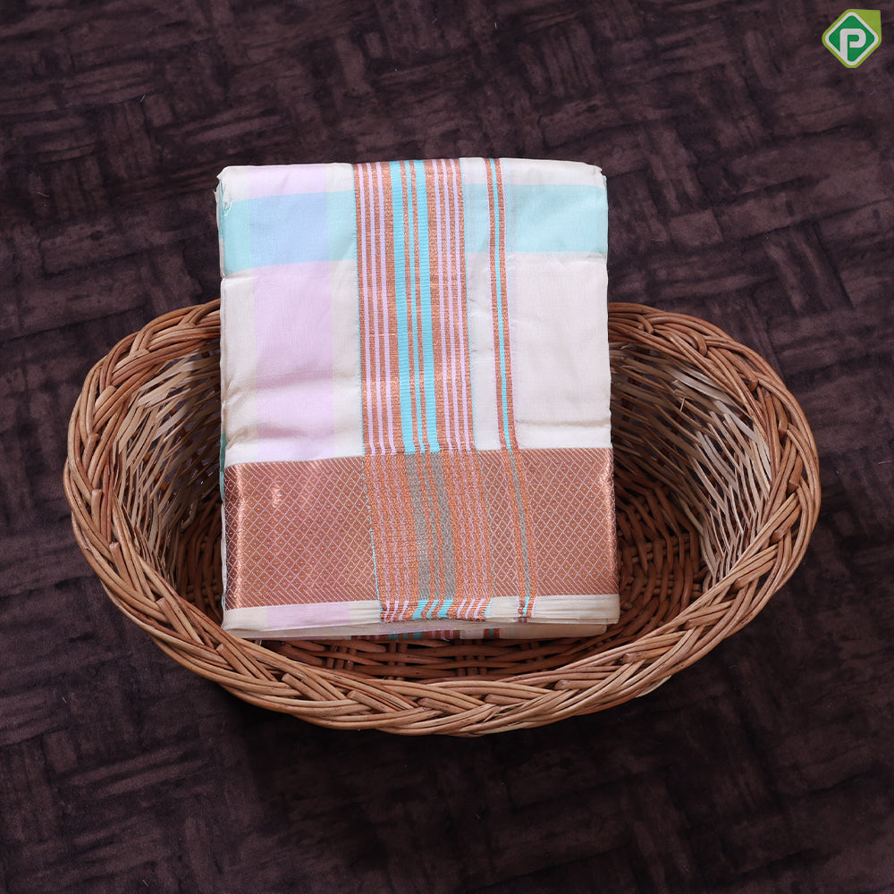 Multi Color Checked Design Copper Zari Diamond Butta Border 9*5 Pure Silk Dhoti Vesti