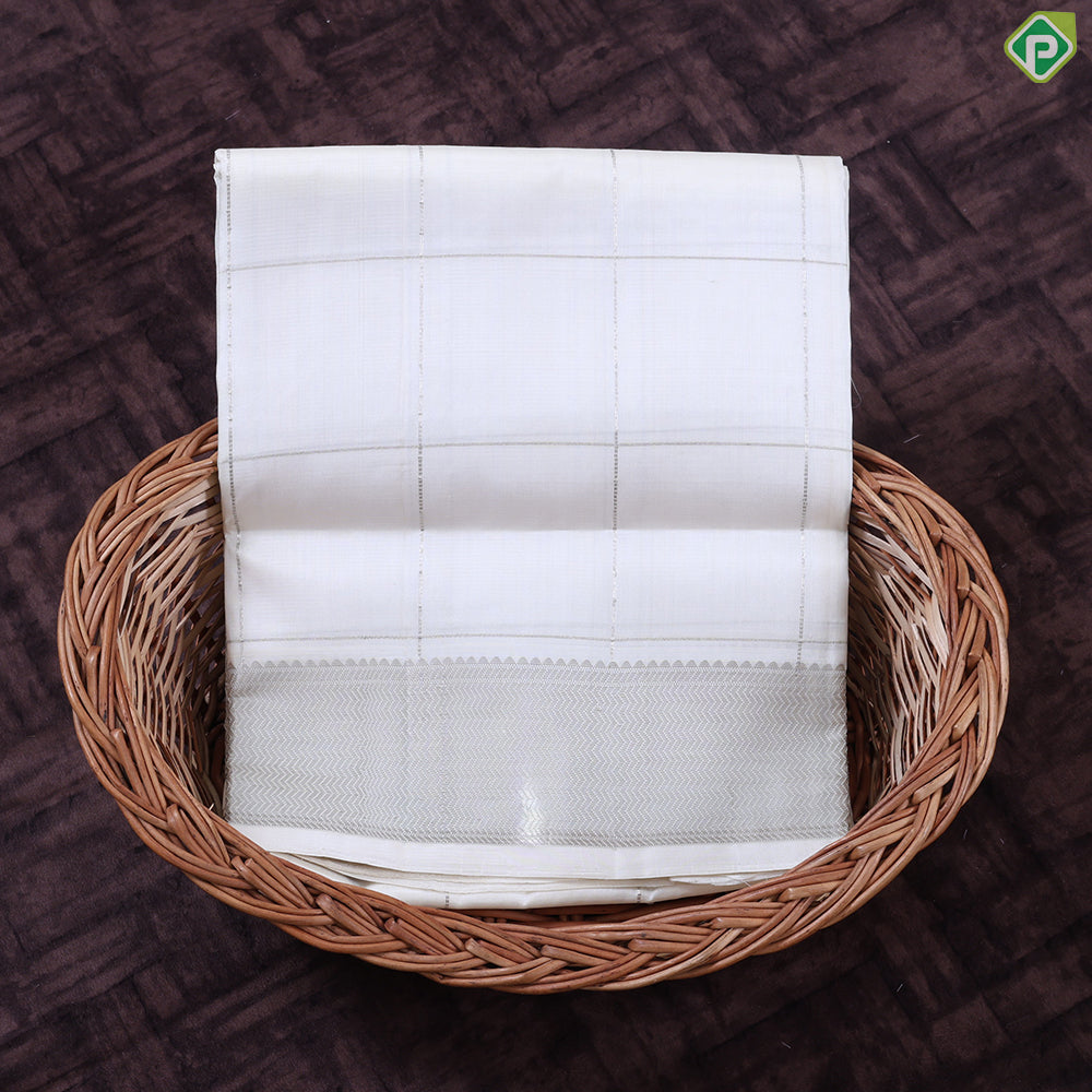 Cream White Silver Zari Checkered Design Self Silver Zari Zig Zag border Border 9'*5' Vesti Dhoti Set