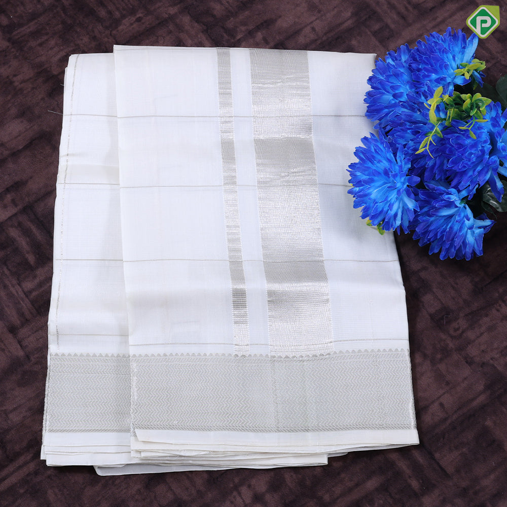 Cream White Silver Zari Checkered Design Self Silver Zari Zig Zag border Border 9'*5' Vesti Dhoti Set