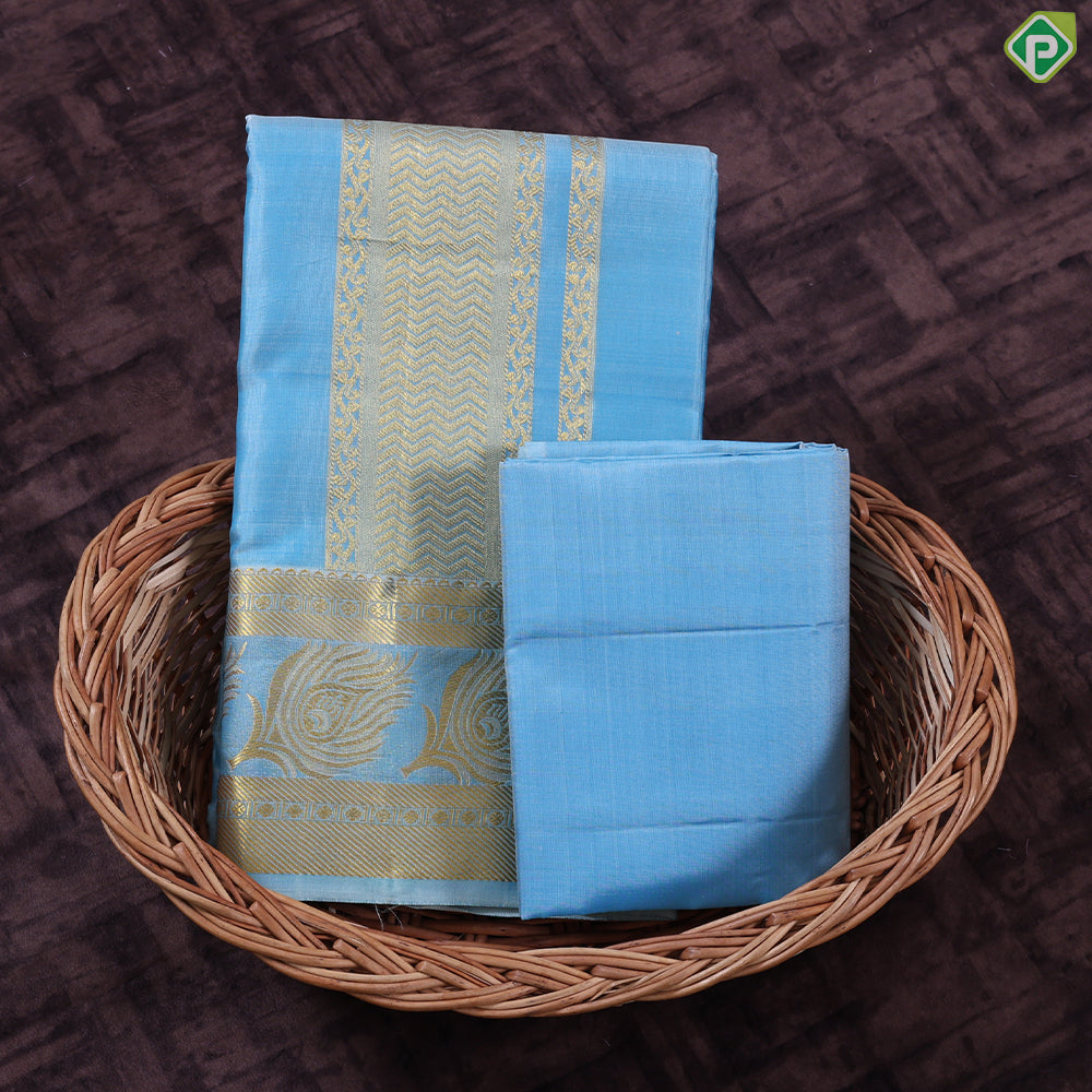 Peacock Blue Gold Zari Feather and Zig Zag border 2 in 1 Vesti Dhoti Set