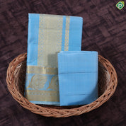 Peacock Blue Gold Zari Feather and Zig Zag border 2 in 1 Vesti Dhoti Set