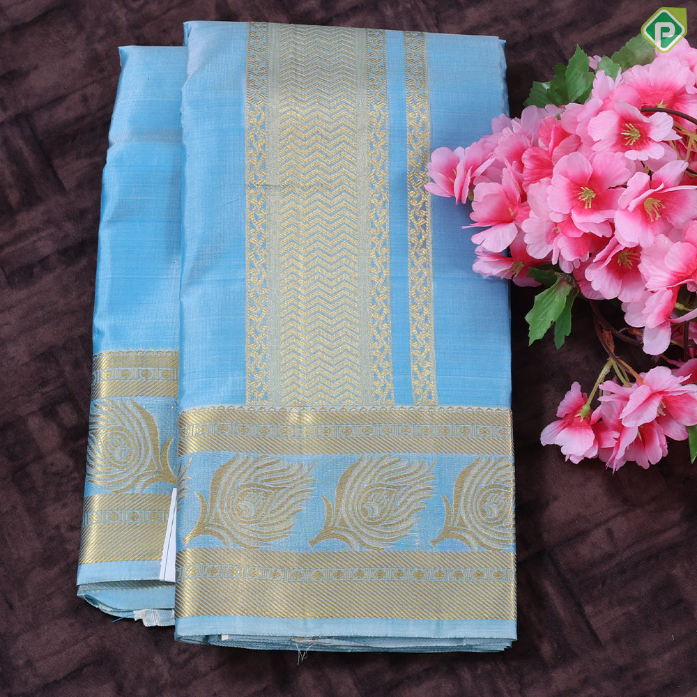 Peacock Blue Gold Zari Feather and Zig Zag border 2 in 1 Vesti Dhoti Set