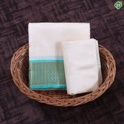 Cream White self Checkered Design Sea Green Gold Zari Zig Zag Border 3 in 1 Vesti Dhoti Set