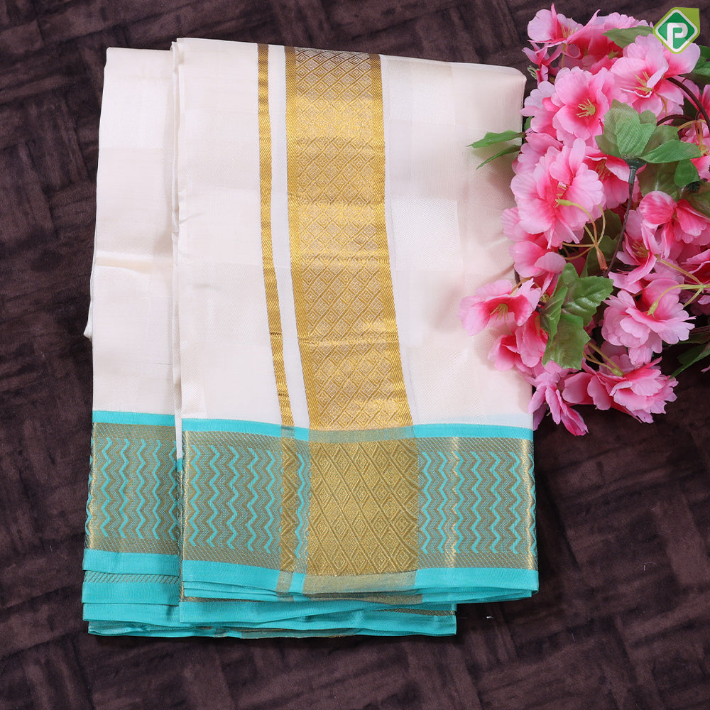 Cream White self Checkered Design Sea Green Gold Zari Zig Zag Border 3 in 1 Vesti Dhoti Set