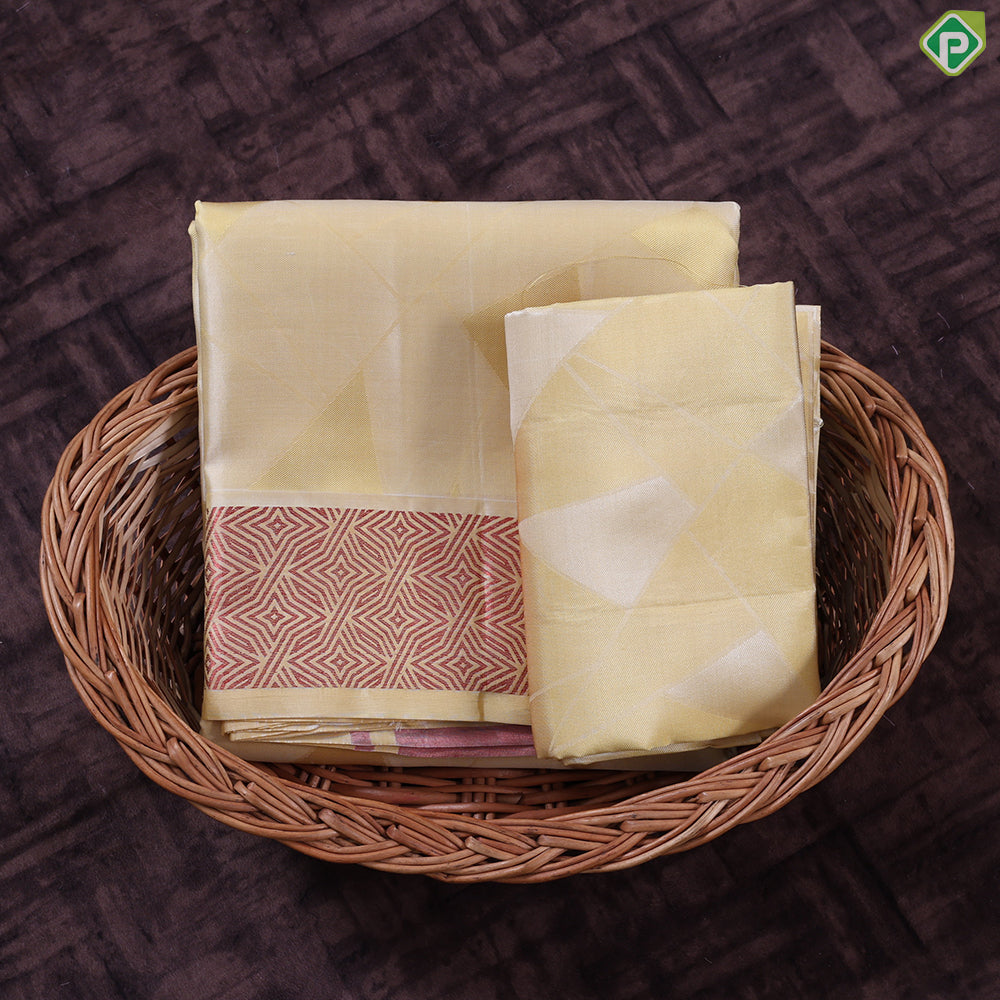 Creamy Sandal Cristal Design Self Copper Zari Stars border Border 3 in 1 Vesti Dhoti Set