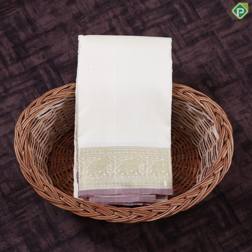 Creamy Sandal Gold Zari Elephant butta contrast red edge border Border 2 in 1 Vesti Dhoti Set