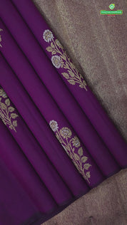 purple with silver gold zari flower bunch half peach self stripe half design trendy designer silk saree
