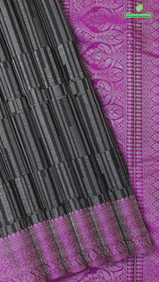 Walnut brown silver zari geometric lines design contrast rose pink border trendy designer silk saree