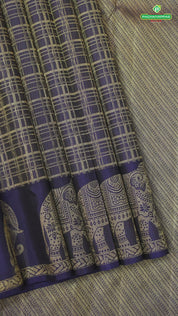 Blue With Gold Zari Checkered Design Self Colour Elephant big butta border Temple Inspired Silk Saree