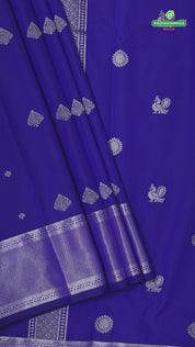 Blue and silver gold zari butta design self border art silk gift saree