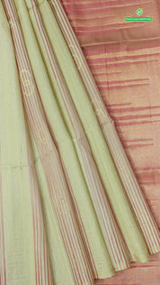 Beige brick red and gold zari round butta design borderless grand pallu soft silk saree