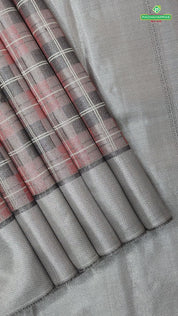 peach shades with cream checked lines design iron grey border trendy designer silk saree