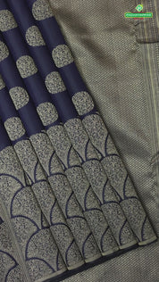 Ink Blue gold zari round butta design self gold zari fancy high border trendy designer silk saree