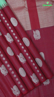 Light green with silver zari (kattam) checkered contrast red with pink lines high border trendy designer silk saree