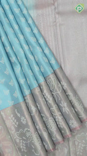 Sky Blue silver butterfly butta  peach pink rangoli design border Trendy designer Silk Saree