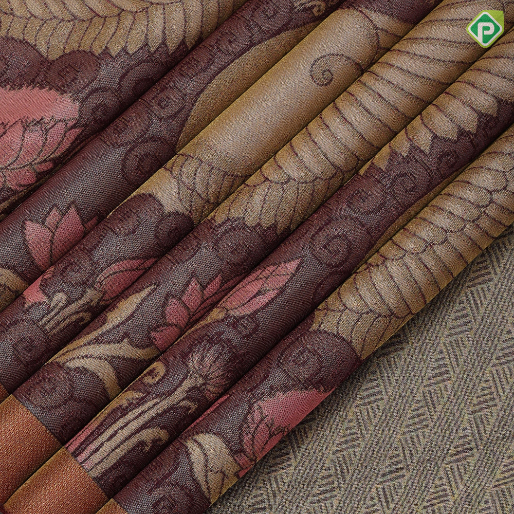 Cream base multicolor swimming duck in waterpot rust color gold zari tissue border contemporary silk saree