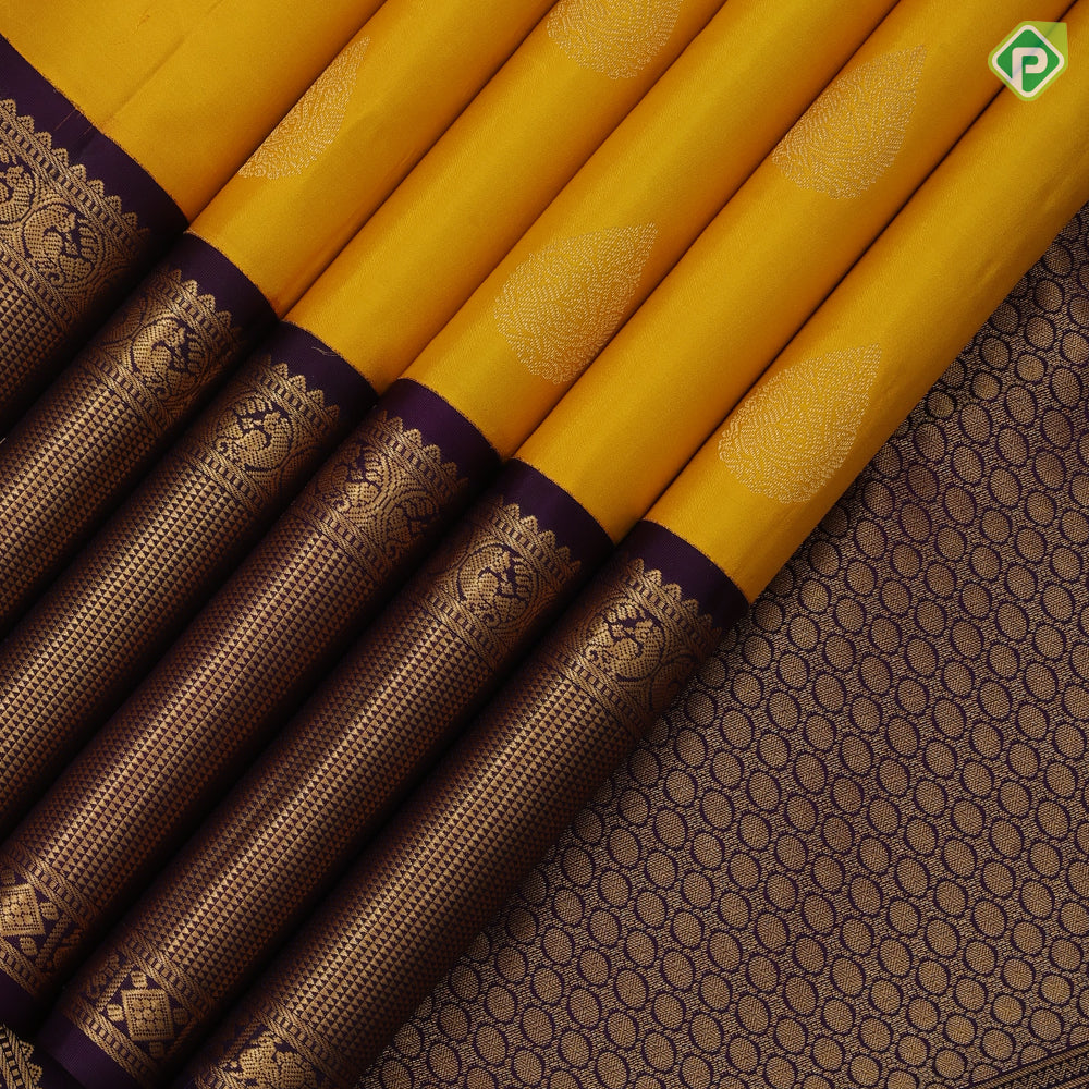 Mango yellow gold zari thilagam butta design violet gold zari mayikan border traditional silk saree
