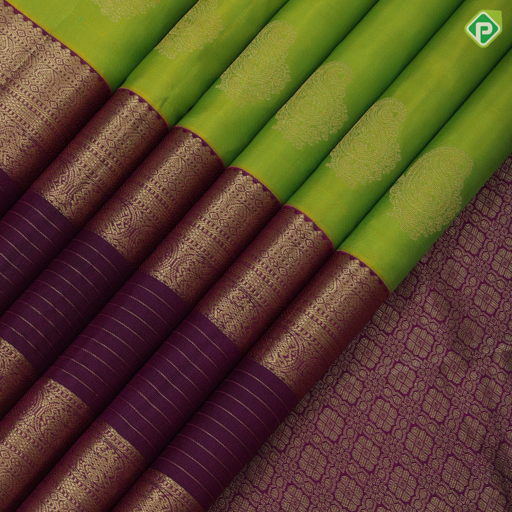 Apple Green Gold Zari Mango Motif Design Purple Peacock Border Design Traditional Silk Saree