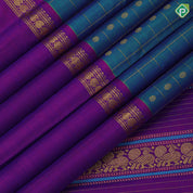 Peacock Blue Gold Zari Flower Checks Butta Design Magenta Mango Ruthracham Border Design Traditional Silk Saree