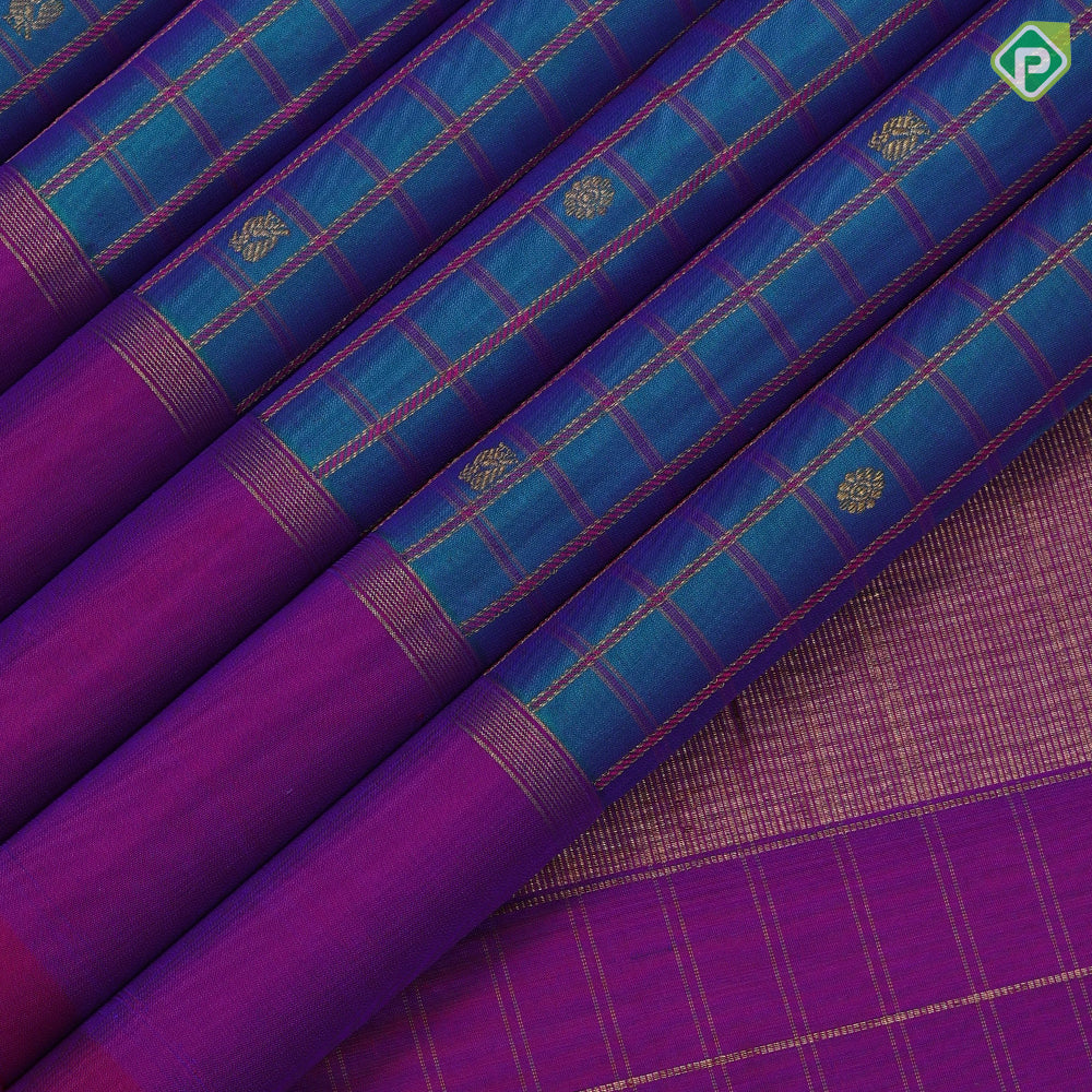 Peacock blue gold zari thread Checks and butta motifs contrast purple plain border traditional silk saree