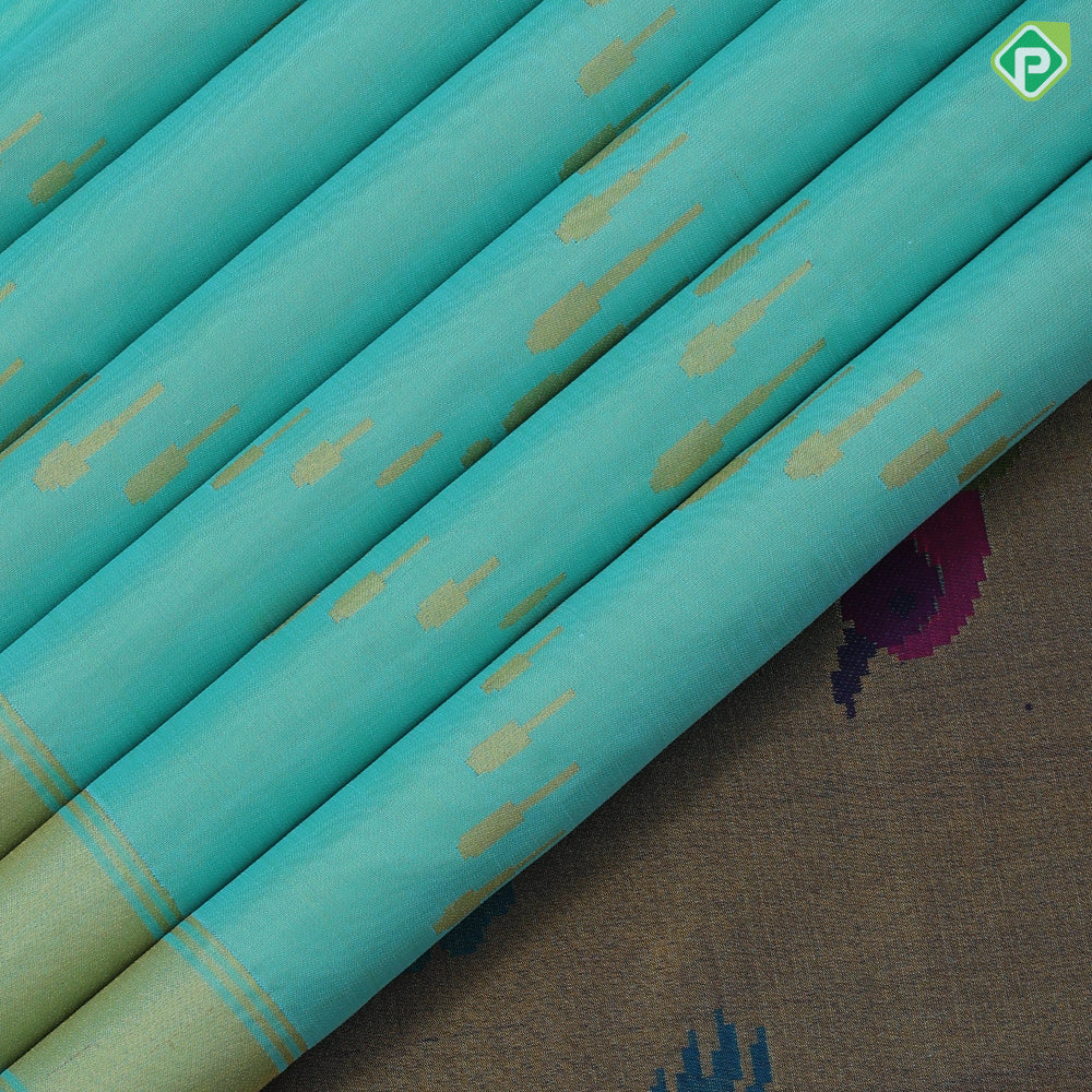 Sea green gold zari organized rain drop tissue weaved self gold zari edge border pythonic border pallu concept signature edition silk saree