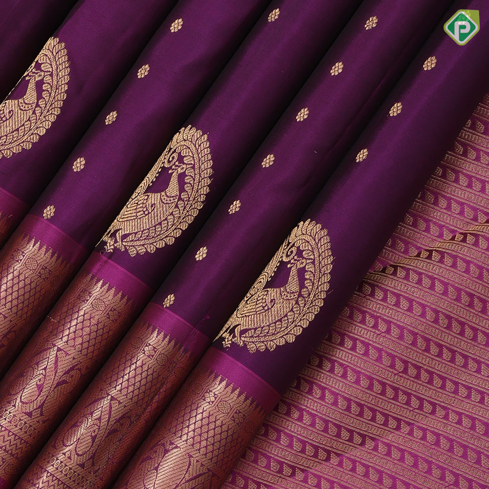 Purple Gold Zari Peacock Butta Design Pink Colour Peacock Border Design Pure Mix Silk Saree
