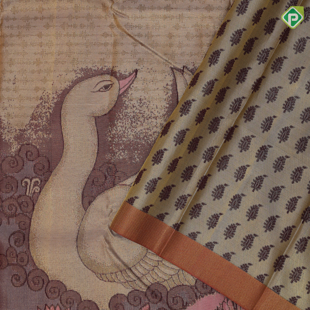 Cream base multicolor swimming duck in waterpot rust color gold zari tissue border contemporary silk saree
