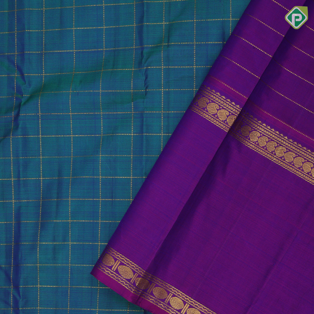 Peacock Blue Gold Zari Flower Checks Butta Design Magenta Mango Ruthracham Border Design Traditional Silk Saree