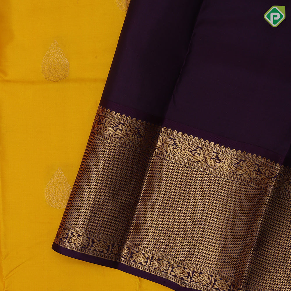 Mango yellow gold zari thilagam butta design violet gold zari mayikan border traditional silk saree