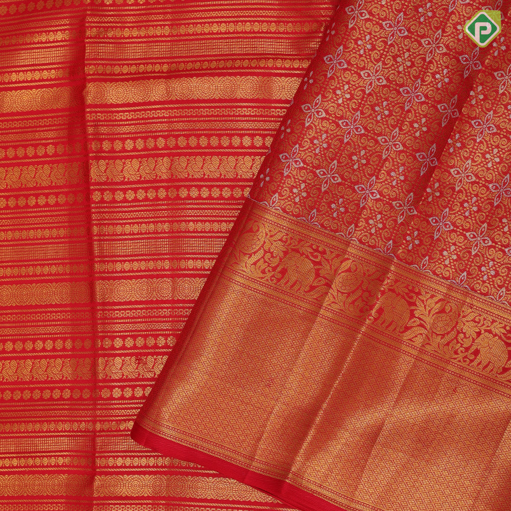 Tomato red gold zari self designed velthari design self gold zari mayikan border traditional silk saree