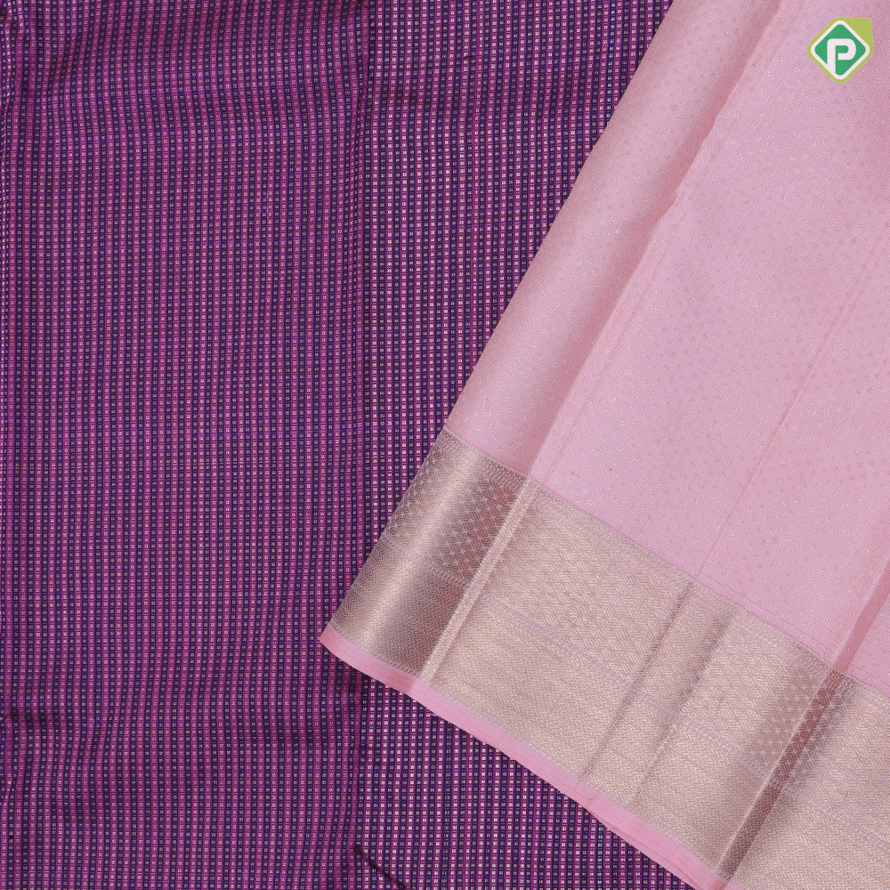 Violet With Purple Gold Zari Baby Pink Zig Zag  Ruthracham Border Design Traditional Silk Saree