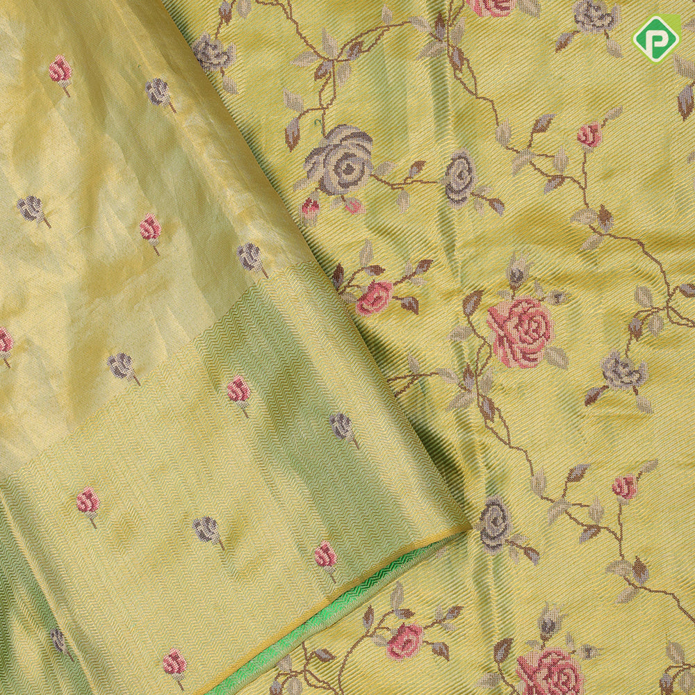 Lavender base gold zari with silk thread floral embroidered design plain gold zari zig zag border embroidery silk saree