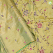 Lavender base gold zari with silk thread floral embroidered design plain gold zari zig zag border embroidery silk saree
