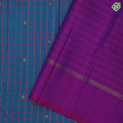 Peacock blue gold zari thread Checks and butta motifs contrast purple plain border traditional silk saree